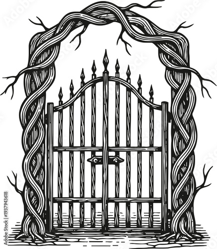 Intricate wrought iron gate entwined with twisted tree branches and roots in monochrome line art