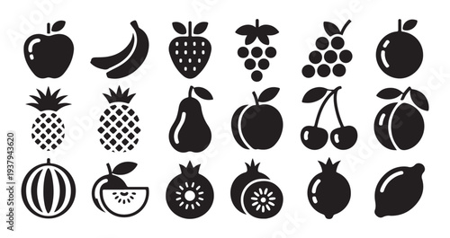 Fruit icon collection featuring various berry and citrus symbols in solid black style for graphic projects