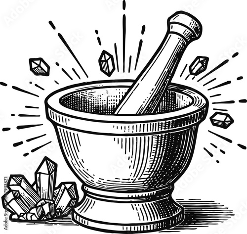 Vintage hand drawn mortar and pestle with glowing crystals, alchemy and herbal medicine concept
