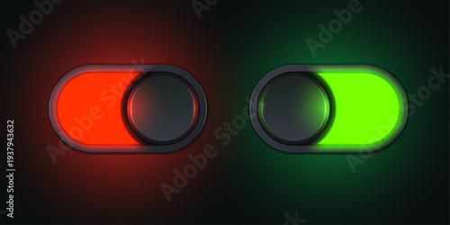 Set of on and off switches with bright LED backlighting elements isolated on a dark background. Vector 3D illustration.