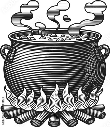 boiling pot over open fire with steam rising vintage kitchen cooking cauldron on wooden logs flame