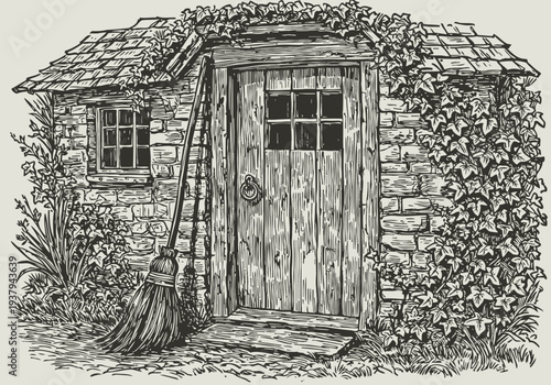 rustic stone cottage entrance with wooden door, ivy climbing walls and broom leaning outside