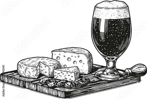 Cheese and beer on wooden board sliced cheese pieces with crackers and frothy beer glass illustration