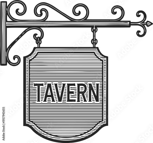 Vintage tavern hanging sign with decorative wrought iron bracket and striped background design
