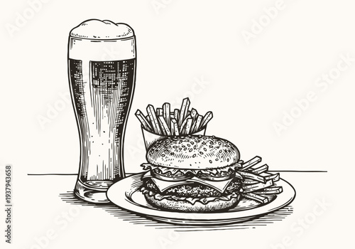 Classic cheeseburger with french fries and a cold glass of beer traditional fast food meal illustration