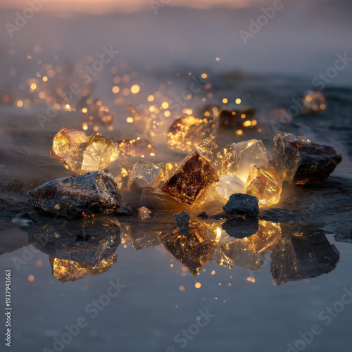 Wallpaper Mural Golden stones gleam on wet sand at dusk Torontodigital.ca