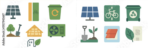 Different symbols represent eco-friendly concepts, highlighting solar energy, recycling, urban gardening, and sustainable architecture. Each element promotes green initiatives for daily life.
