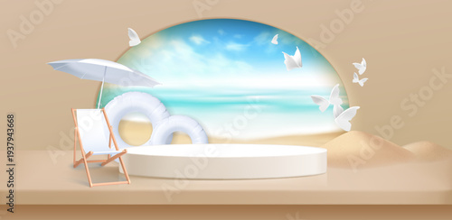 Summer beach podium with ocean view, white chair, umbrella and inflatable ring, realistic vector background. 3D product display platform with sandy shore. Tropical vacation scene with blue sky