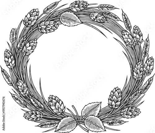 wreath made of hop cones and leaves in detailed vintage circular herbal botanical frame design