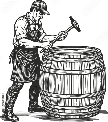 Craftsman repairing wooden barrel with hammer, traditional cooper working on cask