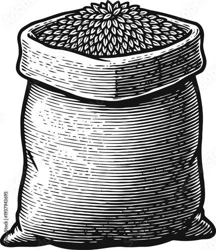 sack filled with grains rustic bag filled with seeds or cereal, vintage sketch of food storage container