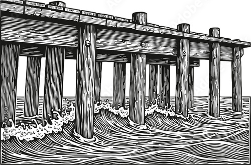 Wooden pier over ocean waves vintage black and white nautical illustration of seaside dock structure