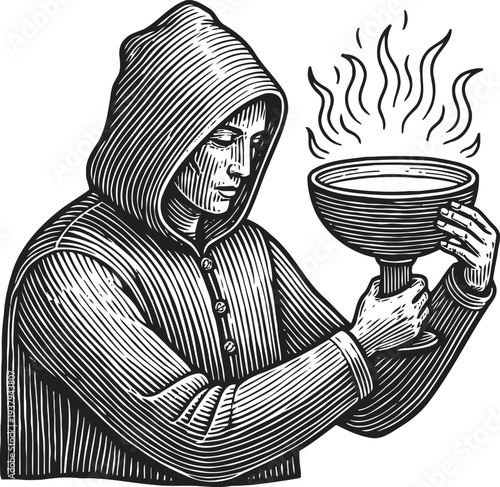 monk in hood holding a steaming chalice, medieval spiritual ritual, vintage engraving