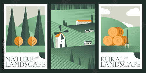 Summer landscape with green fields, rolling hills and trees, abstract cards. Seasonal countryside scene with yellow straw bales. Geometric posters with mountains, windmill building and farm animals