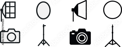 Various photography tools are displayed, including a softbox, reflector, camera, and stand, showcasing a professional studio environment used for creative tasks.