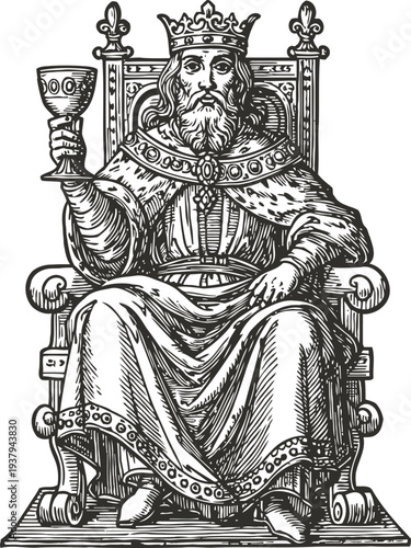 Medieval king seated on throne holding a goblet, royal crown and robe detailed illustration