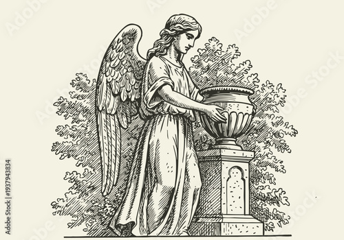 Angel statue holding urn on pedestal surrounded by foliage detailed line art engraving
