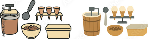 Bright kitchen workspace features ice cream maker, scooper, and three empty cones beside a bowl of colorful toppings ready for serving delicious treats.