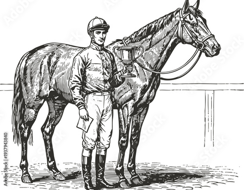 Jockey holding trophy standing next to racehorse in vintage engraved illustration