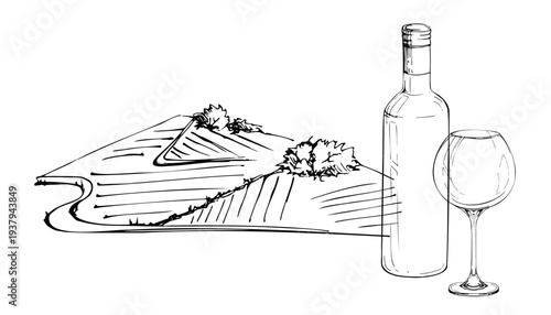 Farmland panorama with structured fields and mountain horizon, rural country road, wine bottle and balloon glass side motif. Hand drawn ink vector illustration. Wine region visuals, rural marketing