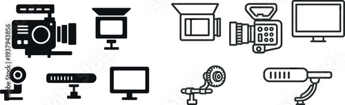 Various essential tools for video production are arranged in a studio setting, including a camera, monitor, and lighting equipment essential for filming.