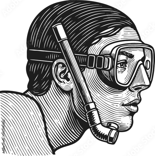 vintage engraving portrait of a man wearing snorkeling mask and breathing tube underwater