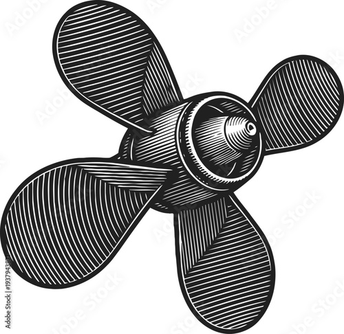 Vintage boat propeller illustration with engraving style, nautical equipment and marine transportation concept