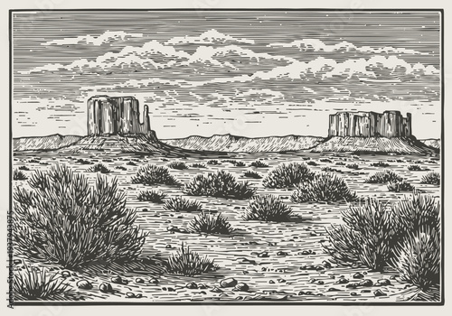 desert landscape with mesas and sparse vegetation under cloudy sky in vintage engraving