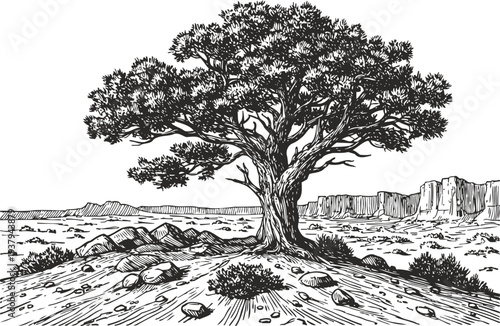 old lone tree in rocky desert landscape with distant cliffs and sparse bushes