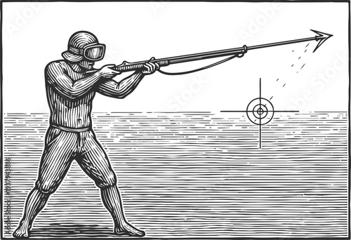 Spearfisher aiming underwater with harpoon gun in ocean targeting fish or prey