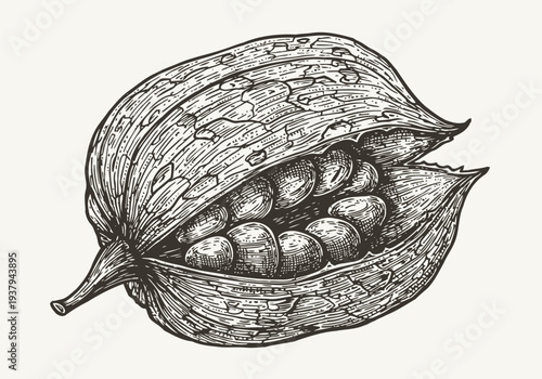 Vintage illustration of a cacao pod with seeds inside, detailed botanical drawing of tropical fruit