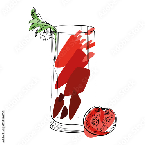 Bloody Mary, juice vector with celery and tomato garnish in highball glass hand drawn in ink. Red accent tones, crisp outlines. Perfect for brunch menu branding, restaurant decor, product visuals.