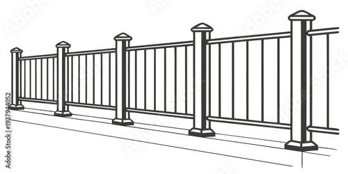 A detailed drawing of a metal fence with vertical bars and concrete posts. Vector