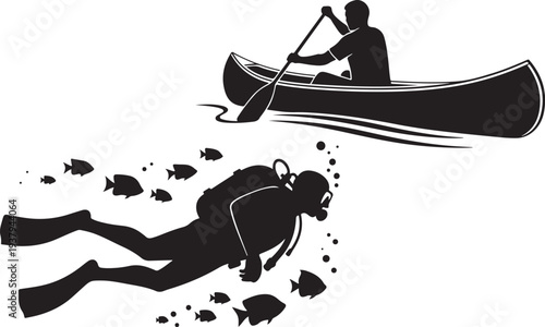 Silhouette of a canoe and scuba diver with surrounding marine life