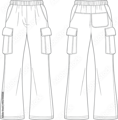 Flat vector CAD drawing of women’s wide-leg cargo pants with elastic waist, flap pockets, topstitch details, back patch pocket