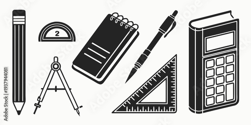 Assorted school supplies including a calculator, ruler, and compass Vector