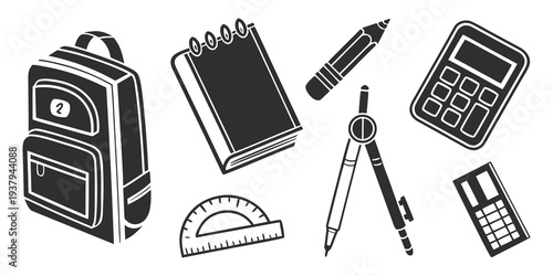 A collection of school supplies including a backpack, notebook, pen, pencil, ruler, eraser, and calculator. Vector