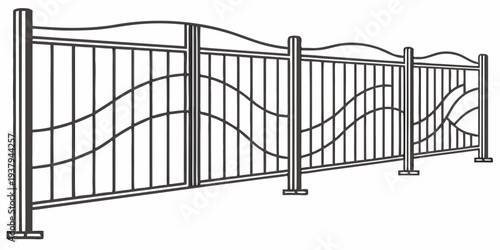 Modern metal fence with horizontal bars and vertical supports in an urban setting Vector