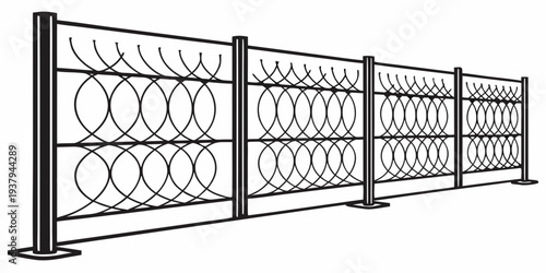 A series of white metal gates lined up in a row against a white background. Vector