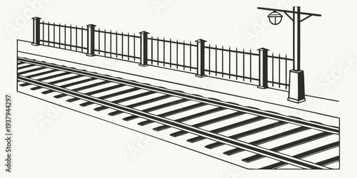 A detailed illustration of a fence and street lamp on a sidewalk Vector