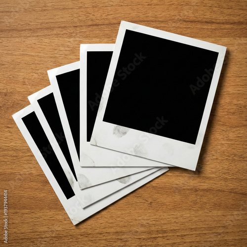 A set of five overlapping blank instant photos (Polaroids)