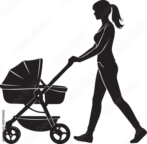 Mother Walking with Baby Stroller – Parenting Lifestyle Black Silhouette Vector Illustration.