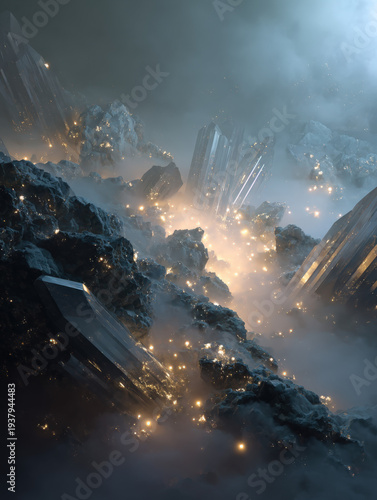 Wallpaper Mural Glowing crystals rise through misty, cavernous terrain Torontodigital.ca