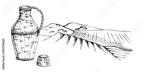 Rustic farmland landscape with cultivated fields, rattan wicker wine jug, Tuscany style closeup. Isolated hand drawn ink vector illustration. Scenic prints, regional identity graphics, rural tourism