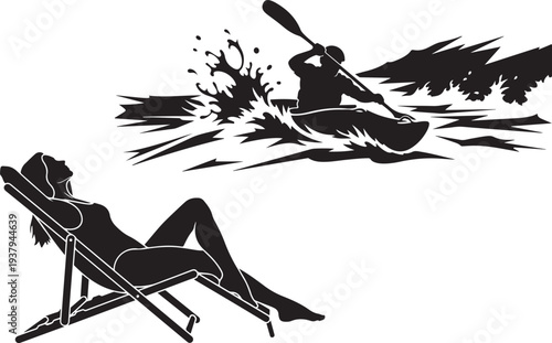 Silhouette of a kayaker and relaxing woman against a white background