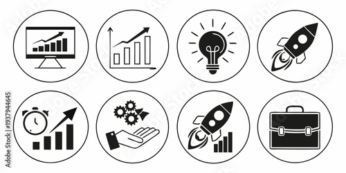 Icons representing various aspects of business and innovation Vector