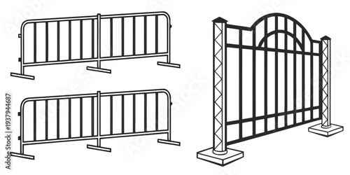 A set of metal gates and fences with intricate designs and various sizes Vector