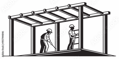 Construction workers building a house frame with wooden beams and a metal roof. Vector