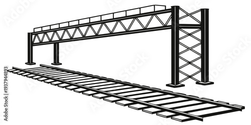 A detailed illustration of a steel truss bridge spanning over a river. Vector