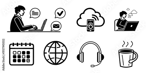 Illustrations of various activities and tools used in remote work and online communication Vector